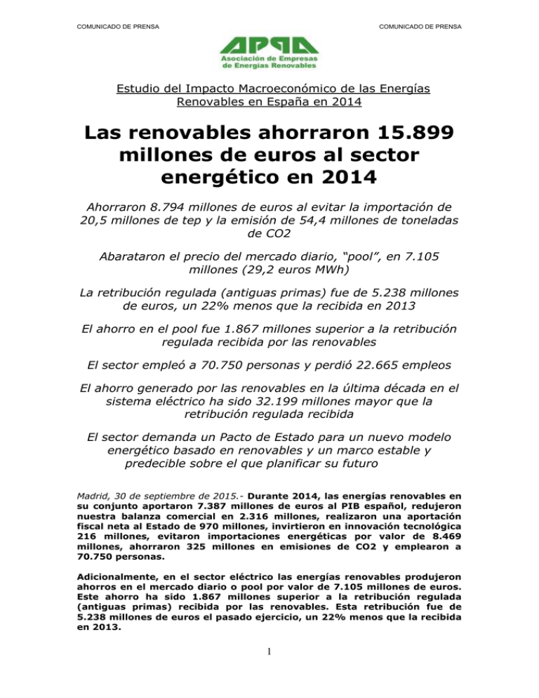 Las Renovables Ahorraron 15.899 Millones De Euros Al Sector