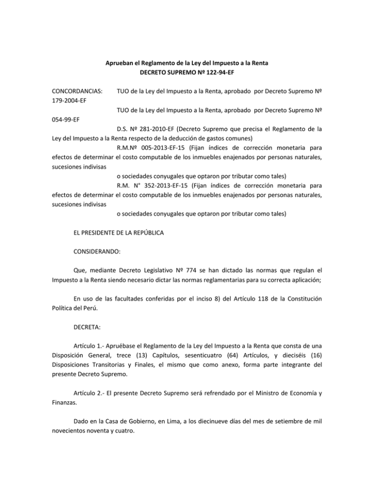 Aprueban el Reglamento de la Ley del Impuesto a la Renta