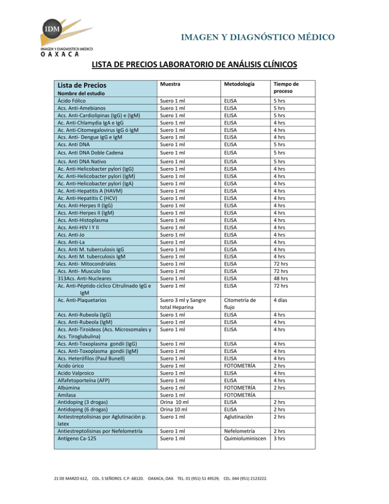 Imagen Y Diagnóstico Médico Lista De Precios Laboratorio De Análisis