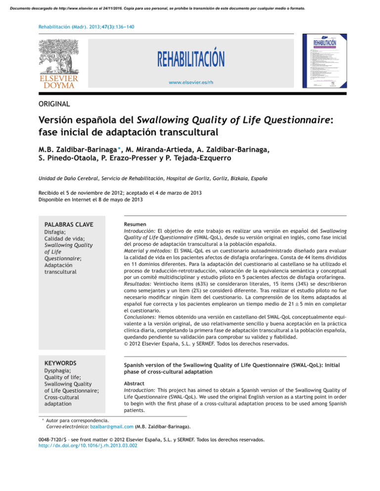 Versión espa˜nola del Swallowing Quality of Life Questionnaire
