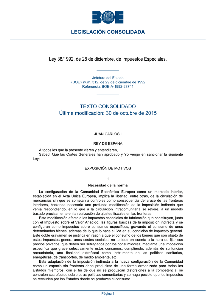 Ley 38/1992, De 28 De Diciembre, De Impuestos Especiales.