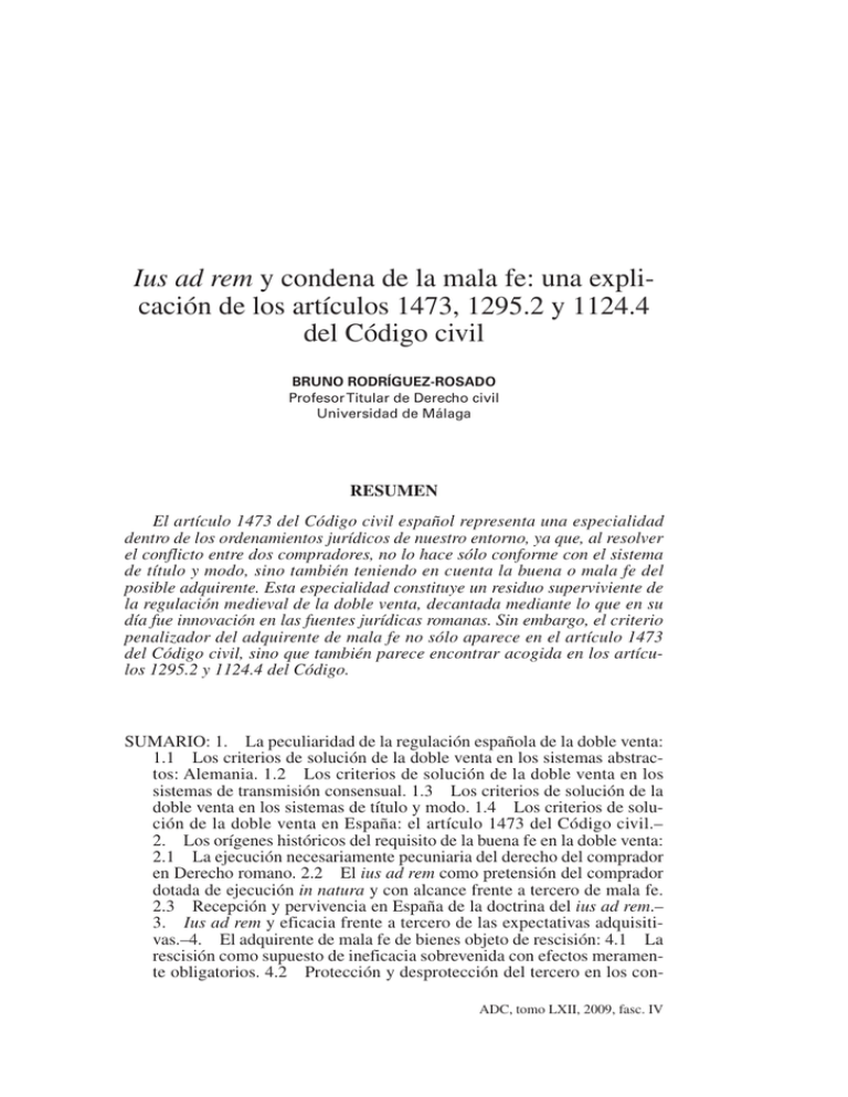 Ius ad rem y condena de la mala fe una expli