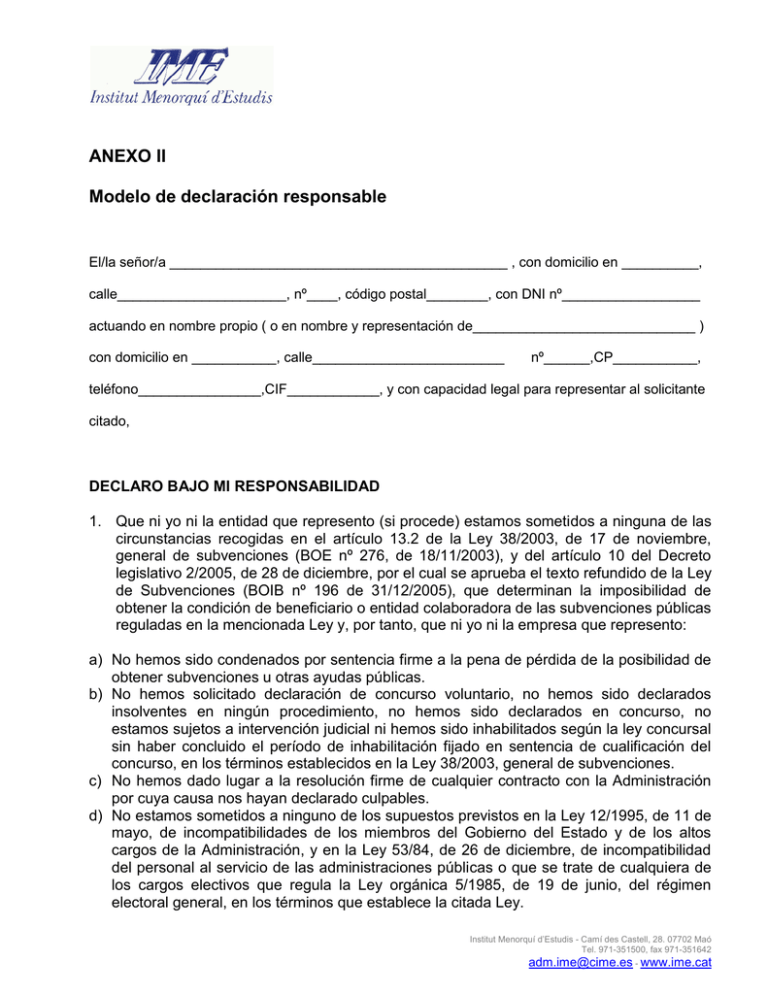 Anexo Ii Modelo De Declaración Responsable 2600