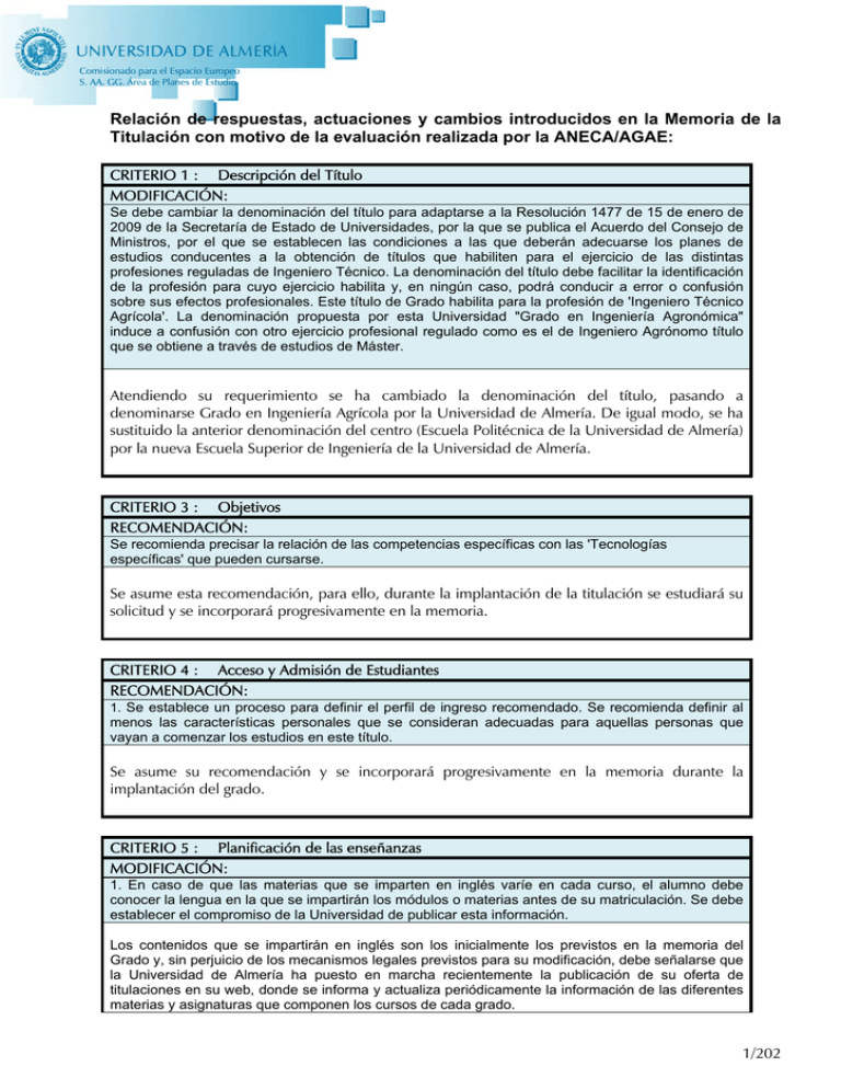 Relación De Respuestas, Actuaciones Y Cambios Introducidos En La