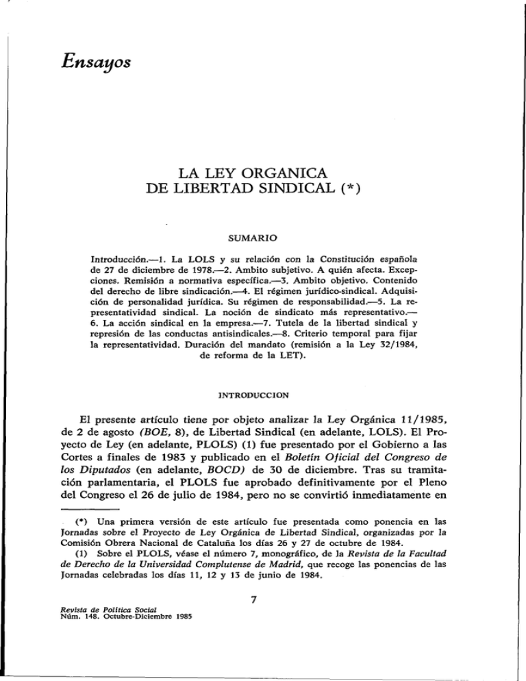 La Ley Orgánica De Libertad Sindical