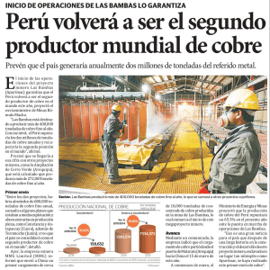 Perú volverá a ser el segundo productor mundial de cobre