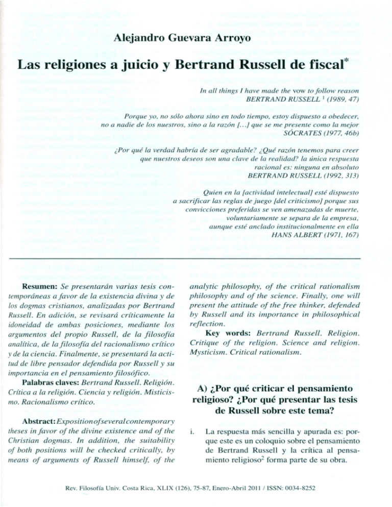 Las religiones a juicio y Bertrand Russell de fiscal