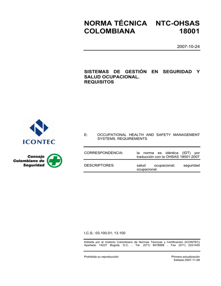 Norma Técnica Ntc-ohsas Colombiana 18001