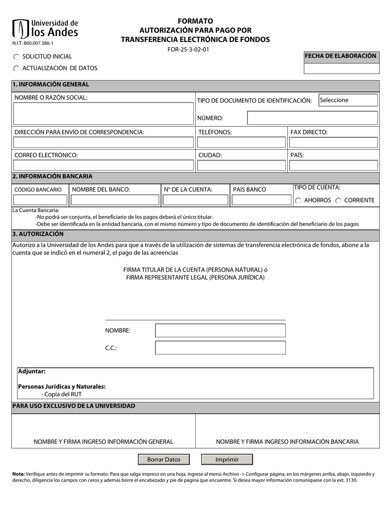 Formato Autorizacion Para Pago Por Transferencia Electronica De