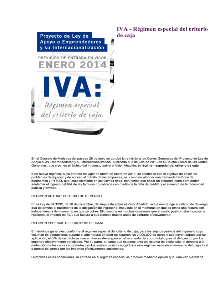 IVA Régimen especial del criterio de caja IVA Régimen especial del criterio de caja