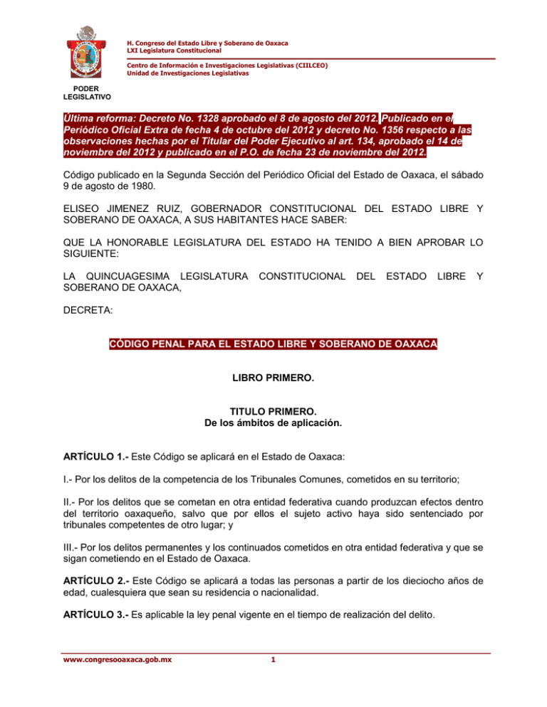 Codigo Penal Para El Estado Libre Y Soberano De Oaxaca