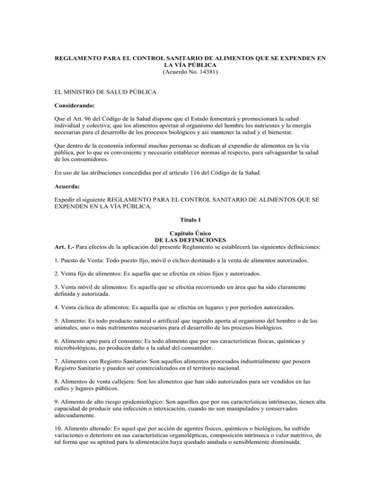 REGLAMENTO PARA EL CONTROL SANITARIO DE ALIMENTOS