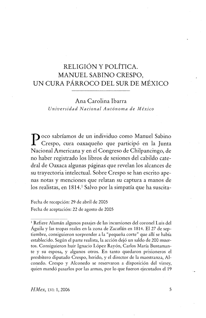 RELIGIÓN Y POLÍTICA. MANUEL SABINO CRESPO, UN CURA