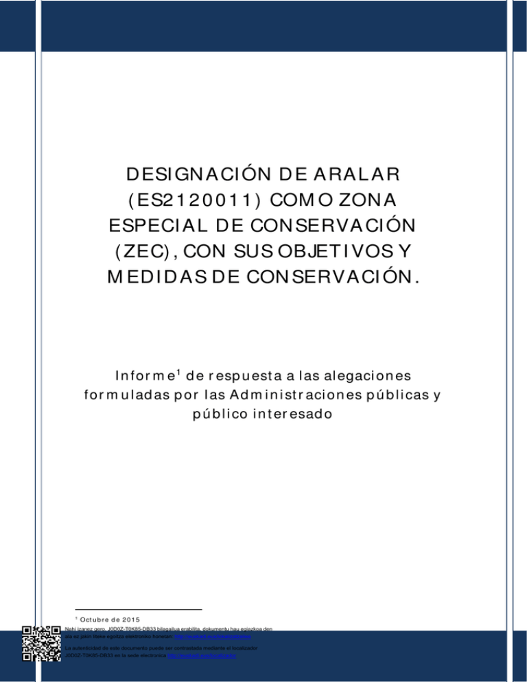 DESIGNACI N DE ARALAR ES2120011 COMO ZONA ESPECIAL
