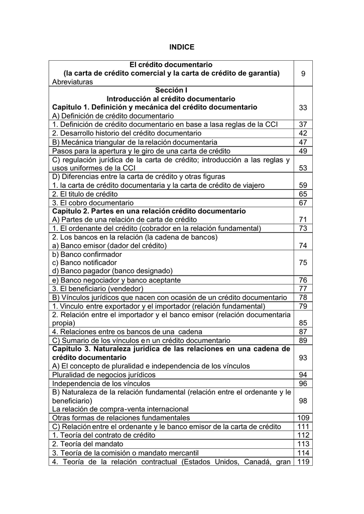 INDICE El crédito documentario (la carta de crédito comercial y la