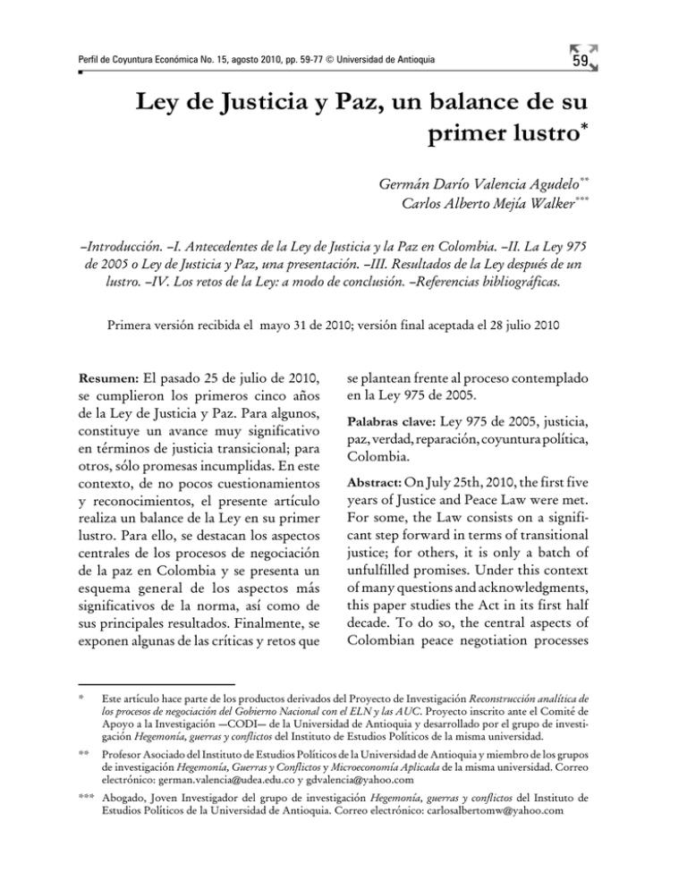 Ley de Justicia y Paz, un balance de su primer lustro*