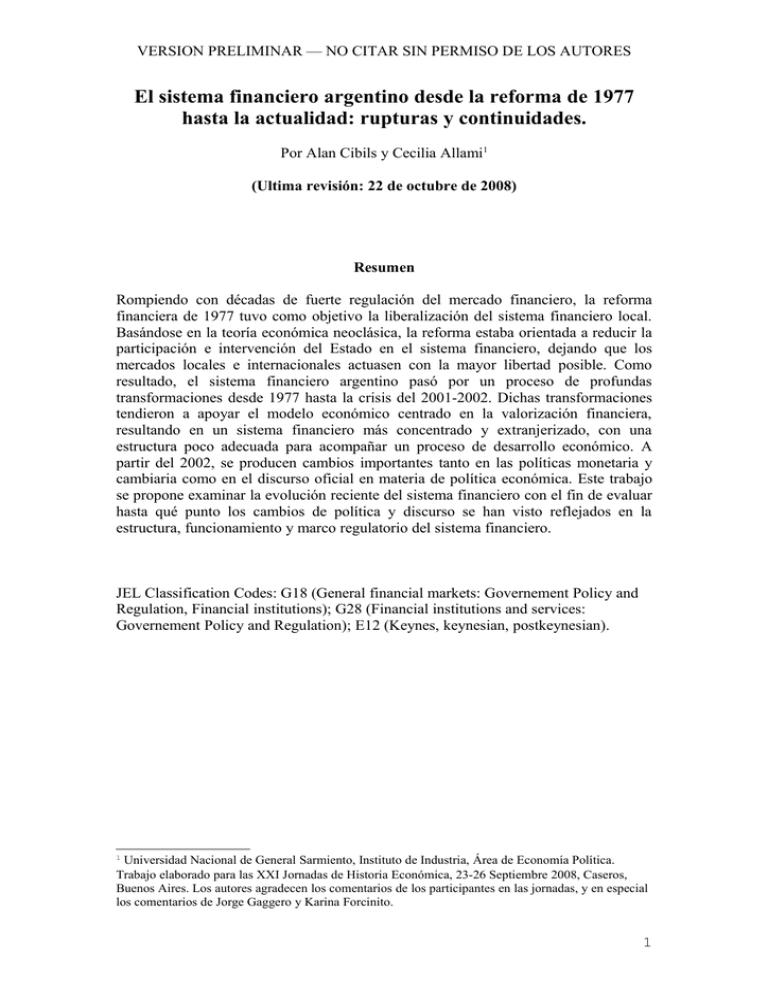El Sistema Financiero Argentino Desde La Reforma De 1977 Hasta La 0284