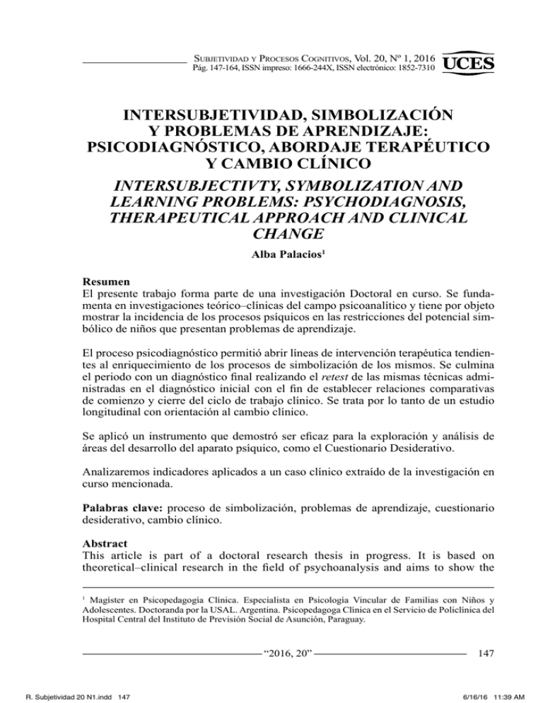 INTERSUBJETIVIDAD, SIMBOLIZACIÓN Y PROBLEMAS DE