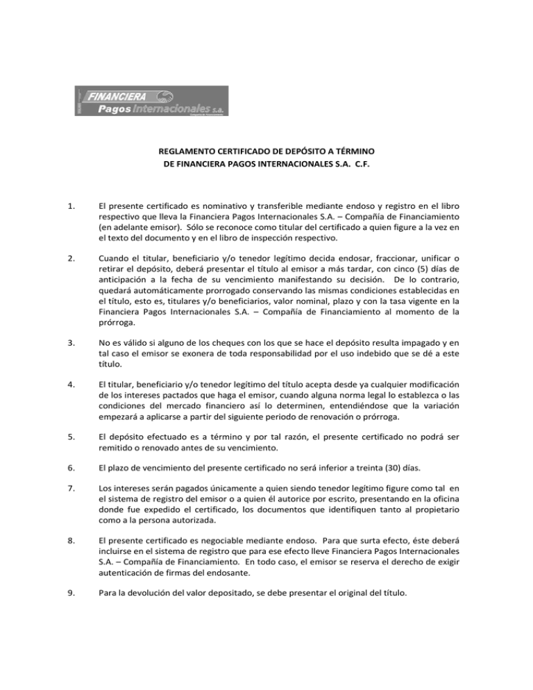 Reglamento Certificado De Depósito A Término