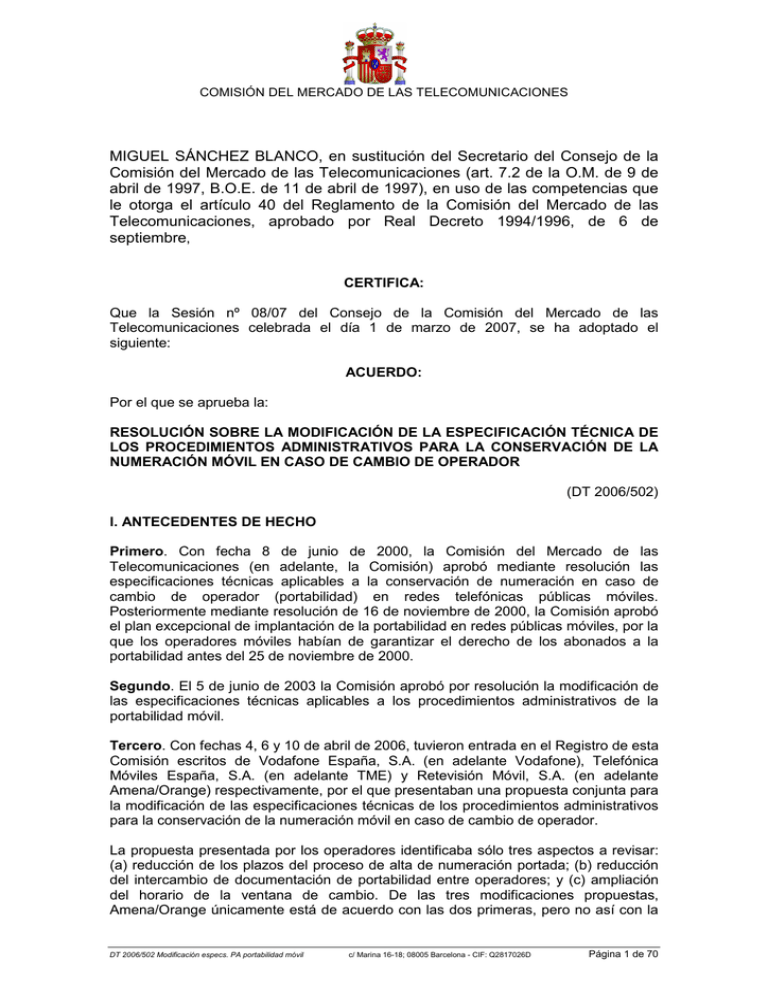 Resolución Sobre La Modificación De La Especificación Técnica De Los