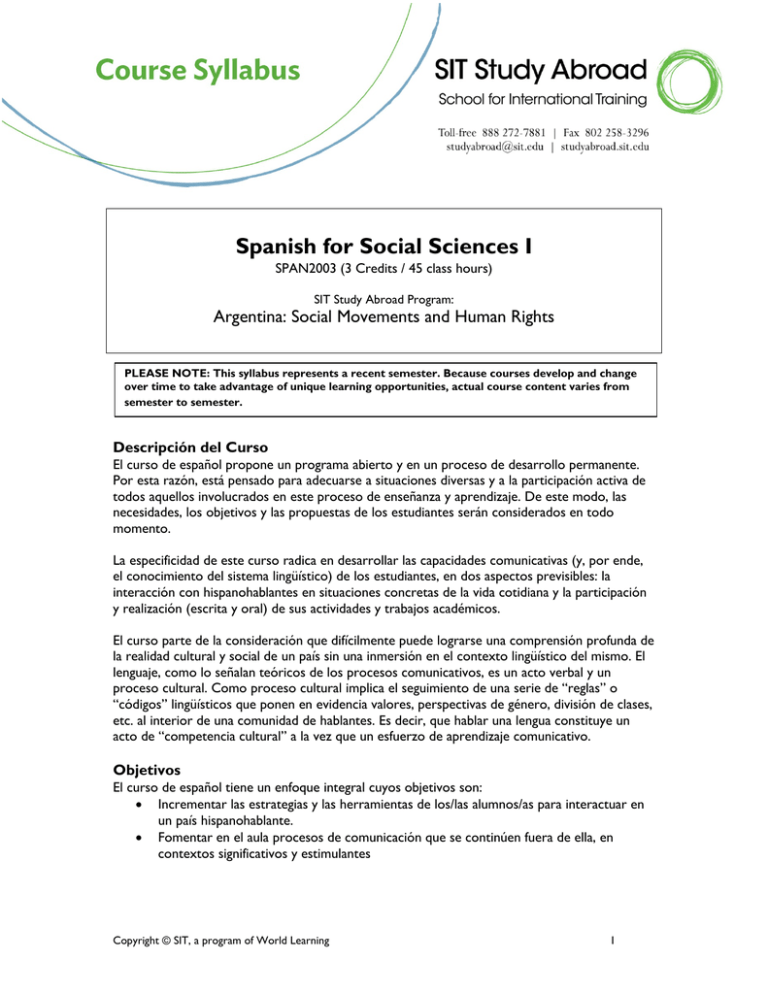 Spanish For Social Sciences I