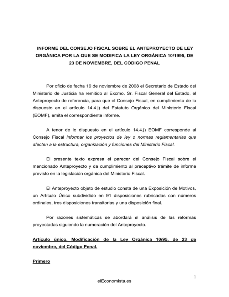 Informe del Consejo Fiscal al Anteproyecto de Ley Orgánica por la
