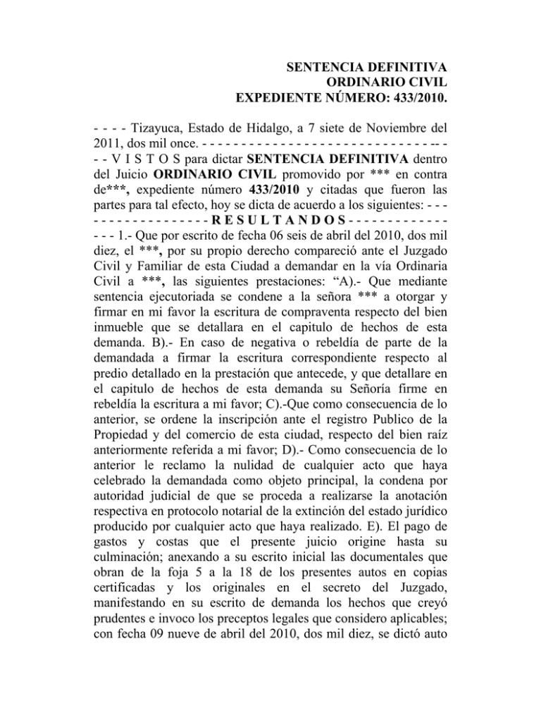 SENTENCIA DEFINITIVA ORDINARIO CIVIL EXPEDIENTE NÚMERO