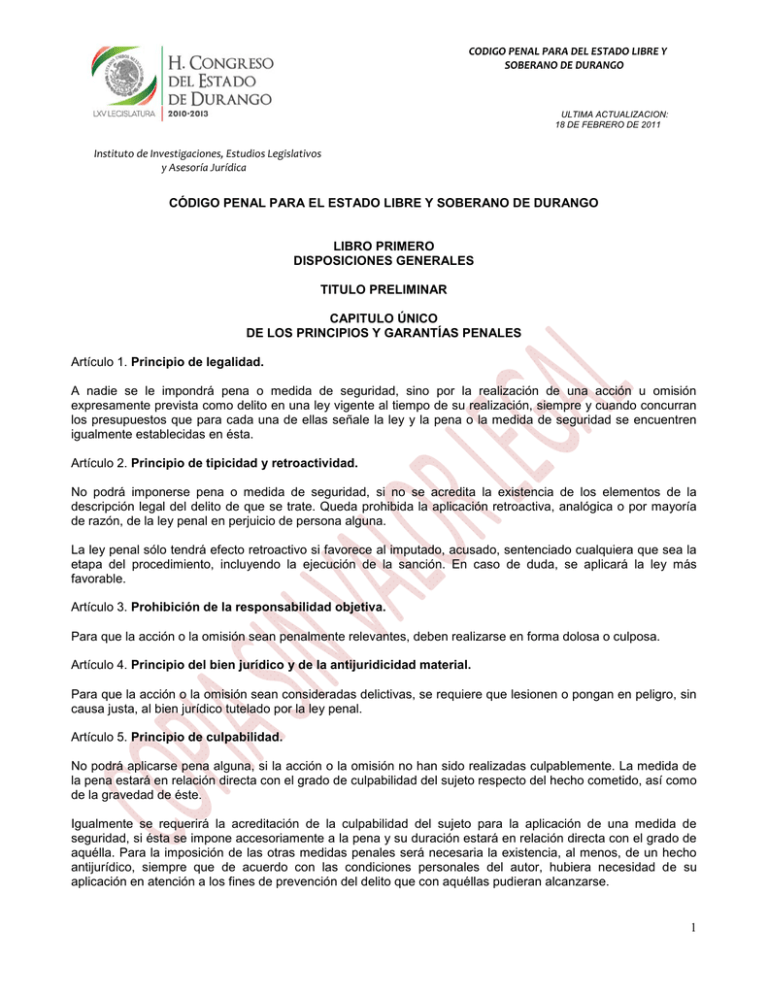 1 C digo Penal Para El Estado Libre Y Soberano De Durango Libro