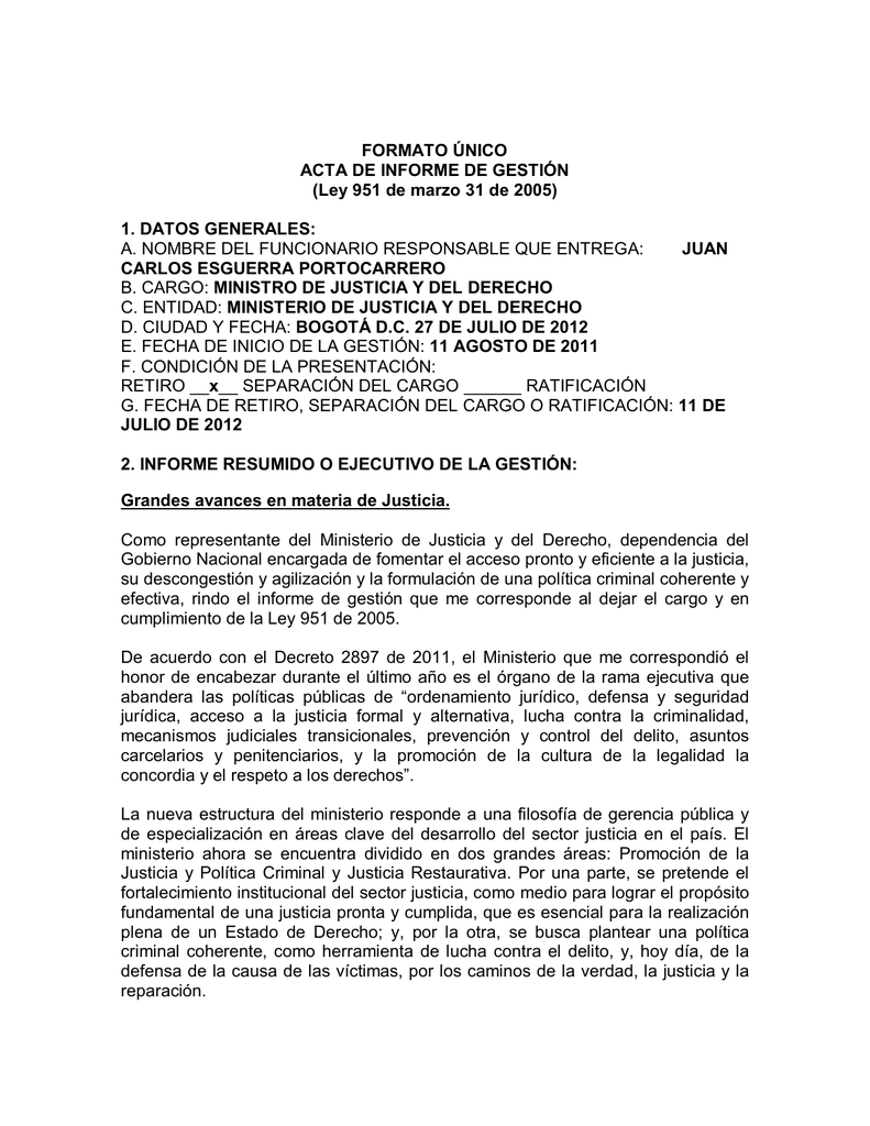 FORMATO ÚNICO ACTA DE INFORME DE GESTIÓN (Ley 951 De