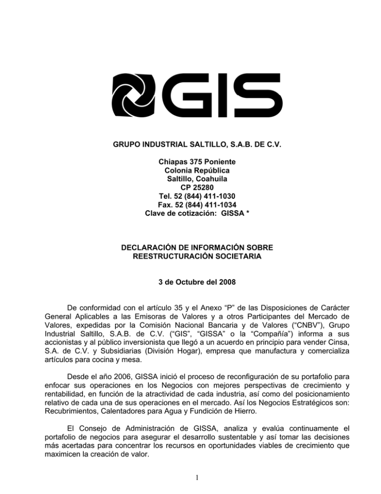 GRUPO INDUSTRIAL SALTILLO, SAB DE CV Chiapas 375