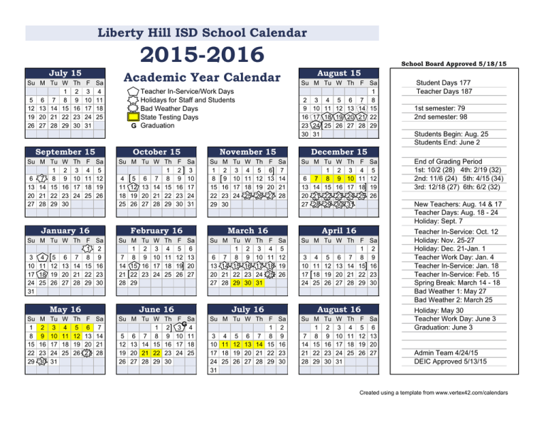 Calendar 2015 2016 To Board Liberty Hill Elementary School