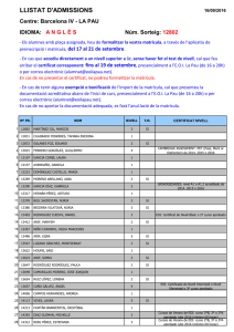 llistat d`admissions - Escola Oficial d`Idiomes Barcelona IV La Pau