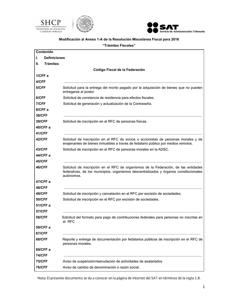 Modificación Al Anexo 1-A De La Resolución Miscelánea