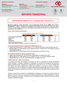 VENTAS NETAS CRECEN 13.1% Y UTILIDAD NETA 13.8% EN 2T15