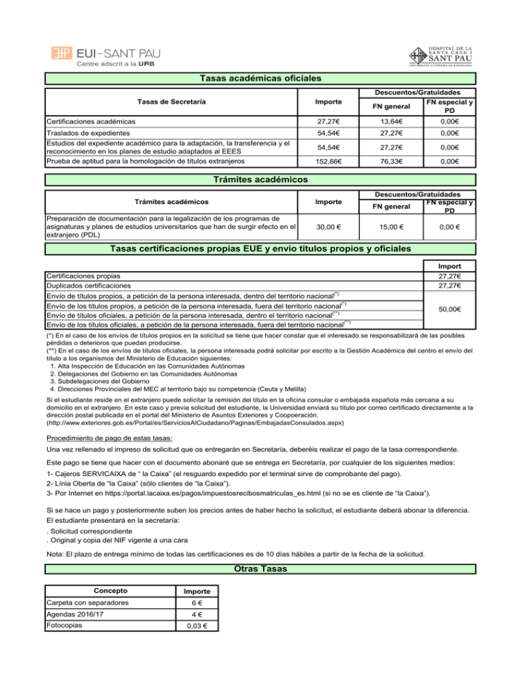 Tasas Acad micas Y De T tulos Tanto Oficiales Como