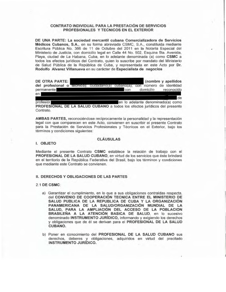 CONTRATO INDIVIDUAL PARA LA PRESTACiÓN DE SERVICIOS