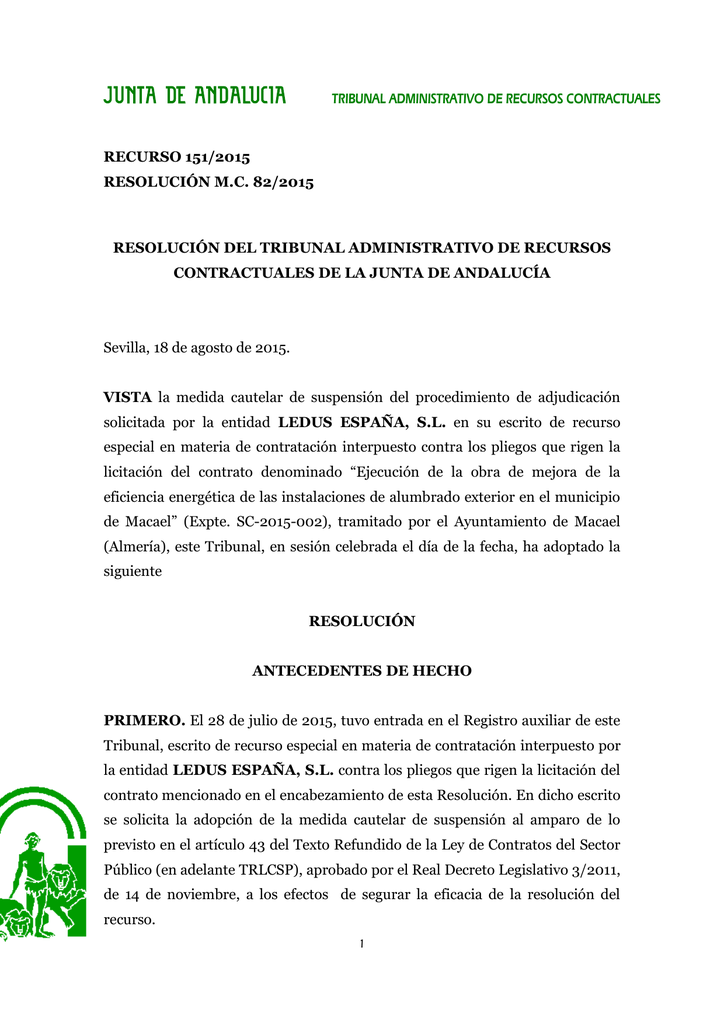 Resolución Tribunal Administrativo de Recursos Contratactuales
