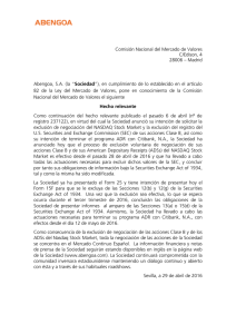 29/04/16 Abengoa anuncia la exclusión de sus ADRs de cotización