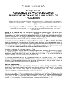 En mayo de 2016: aerolíneas de Avianca Holdings transportaron