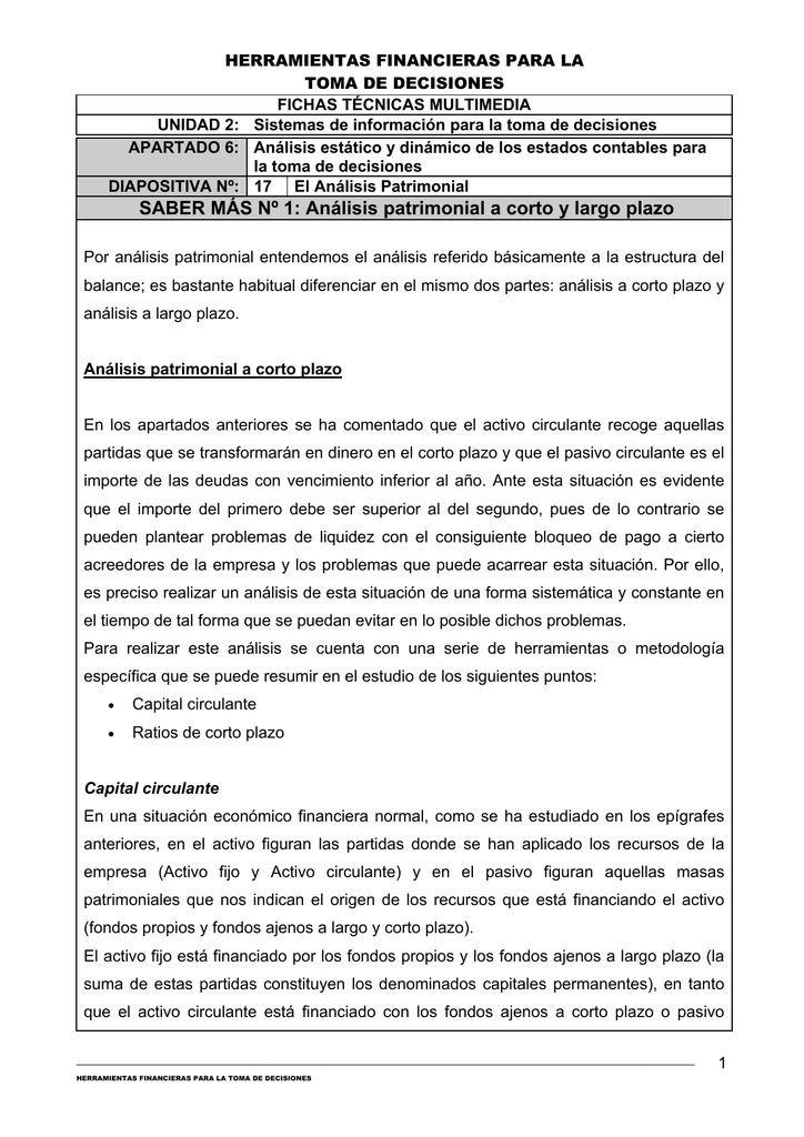 Técnicas de análisis patrimonial y financiero
