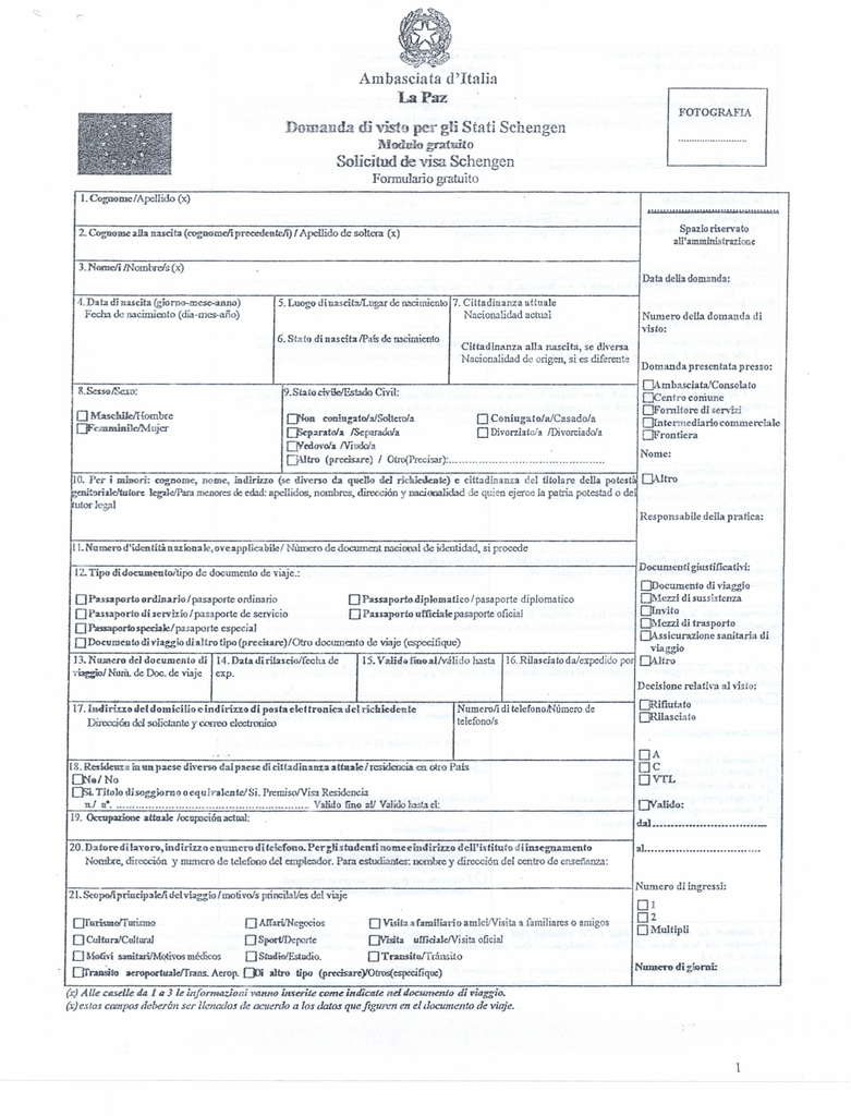 Formulario de solicitud de visa para italia