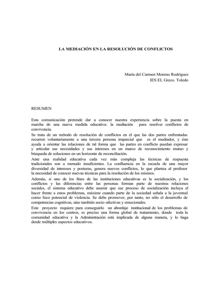 La Mediación En La Resolución De Conflictos