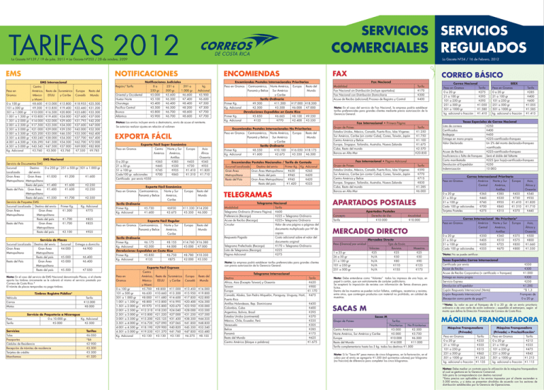 Afich Tarif12 Correos de Costa Rica