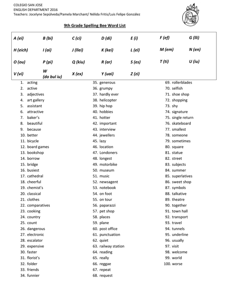 9th Grade Spelling Bee Word List A ei B bi C ci D di E i F ef