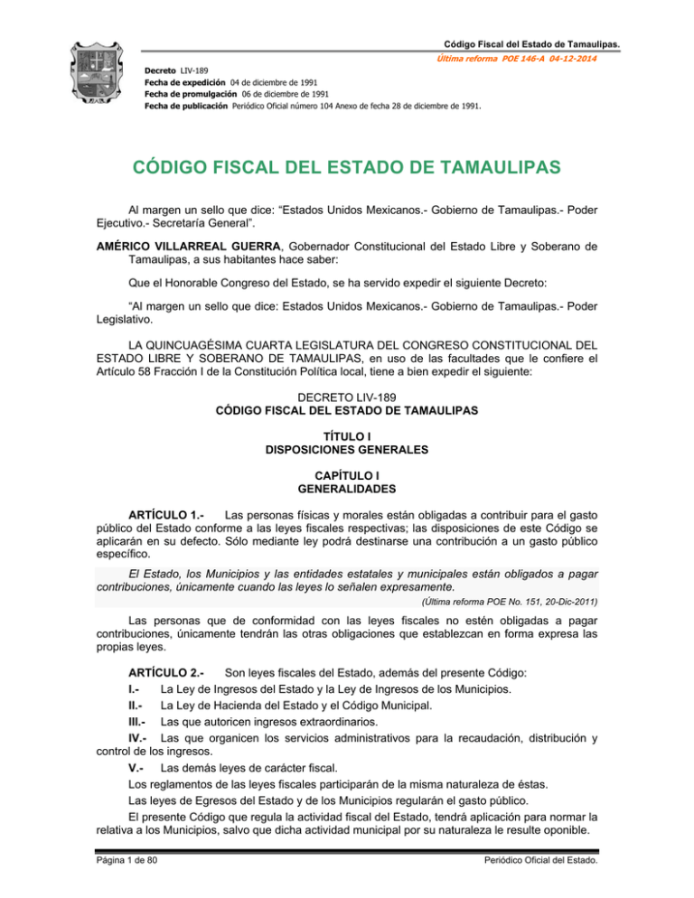 código fiscal del estado de tamaulipas - Periodico Oficial