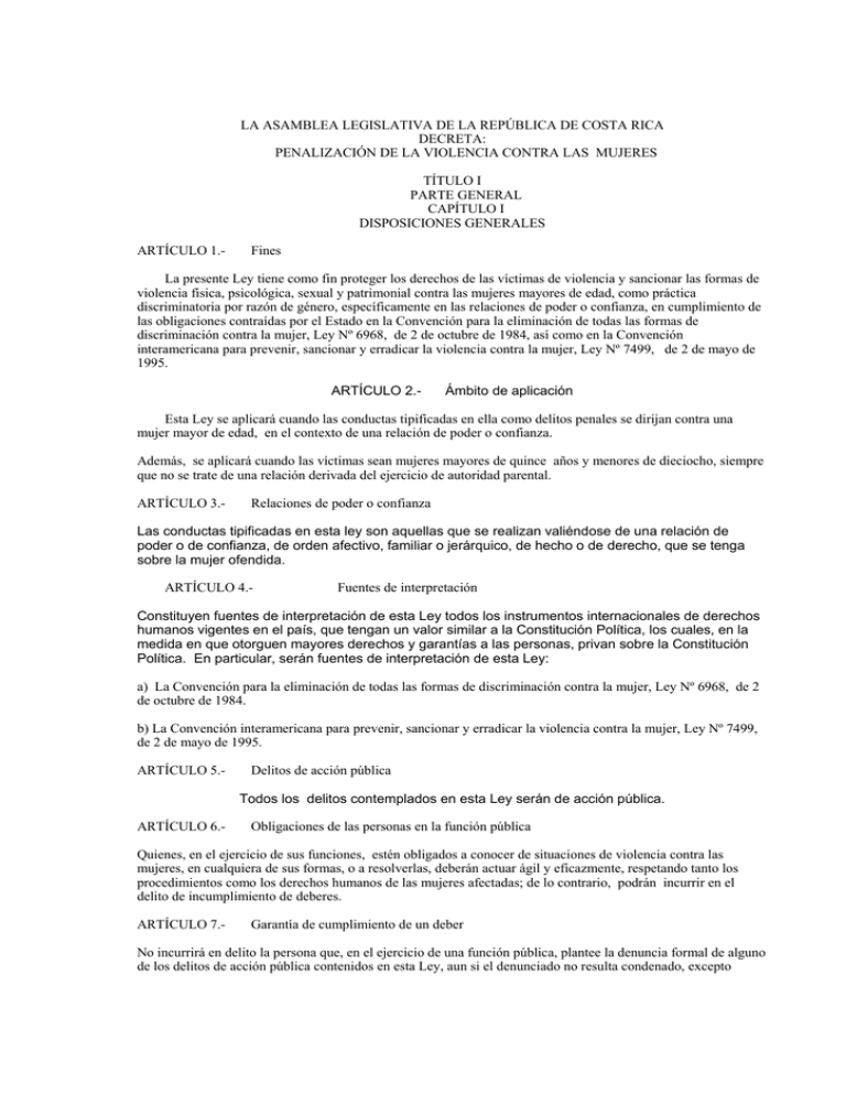 La Asamblea Legislativa De La República De Costa Rica Decreta