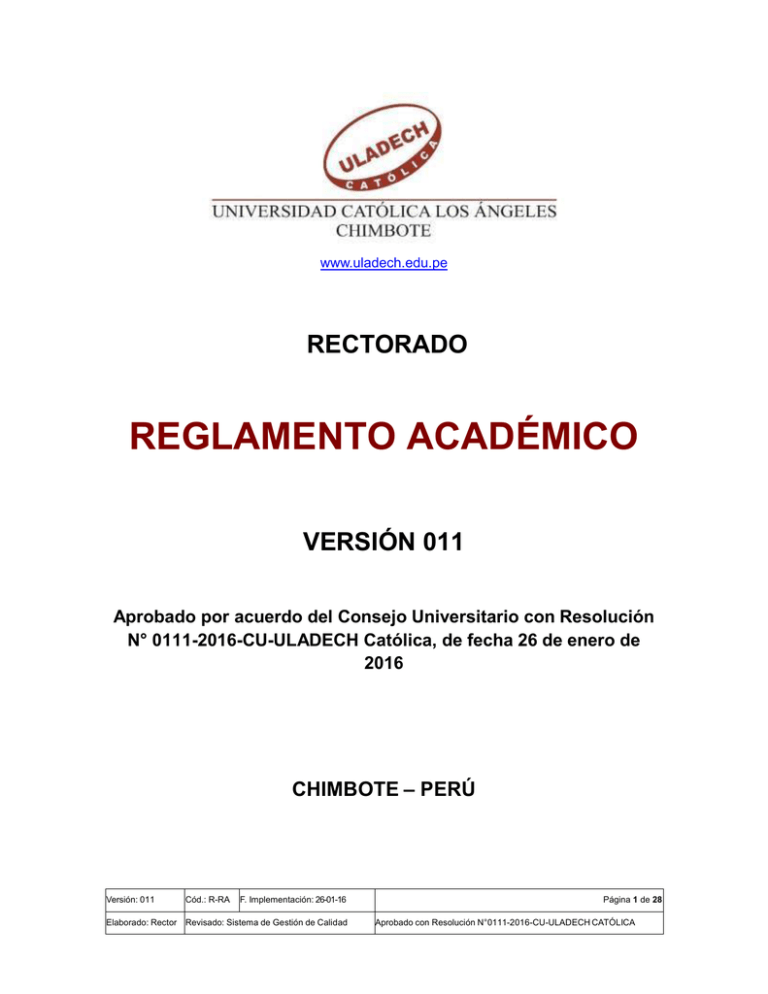 Reglamento Académico - Universidad Católica Los Ángeles De