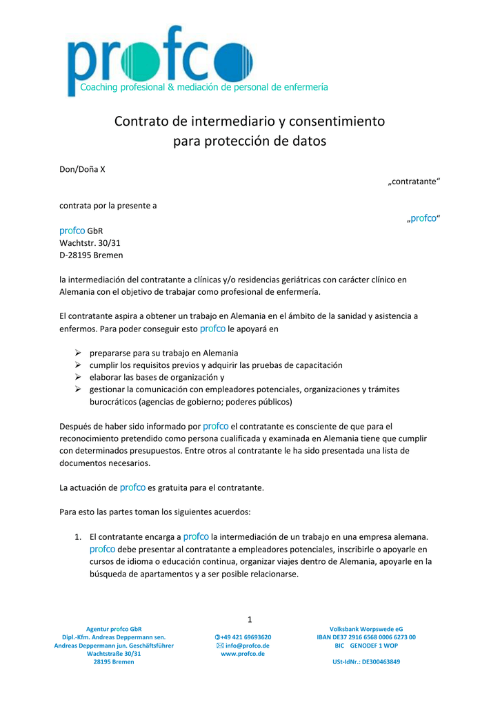 Contrato De Intermediario Y Consentimiento Para Protección De Datos