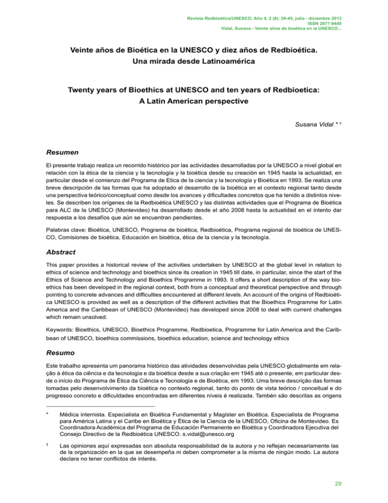 Veinte Años De Bioética En La UNesCO Y Diez Años De Redbioética