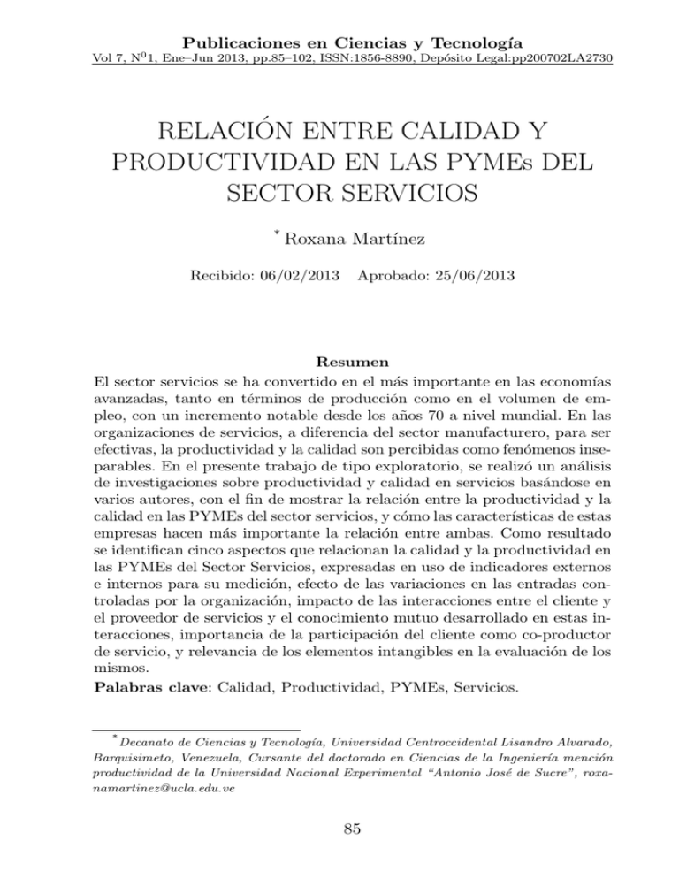 RELACI´ON ENTRE CALIDAD Y PRODUCTIVIDAD EN LAS PYMEs